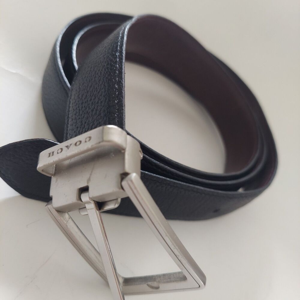 Coach Mens Reversible Leather Belt Silver Metal Buckle Brown / Black 46" 1" Wide